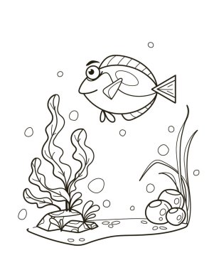 Su altı sahnesinde çeşitli bitki ve baloncuklarla yüzen mavi bir balığın basit çizgili siyah beyaz çizgisi. Vektör illüstrasyonu