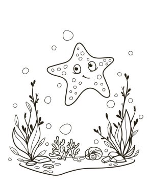 Sualtı sahnesinde çeşitli bitki ve baloncuklarla yüzen bir denizyıldızının basit çizgisi. Vektör illüstrasyonu