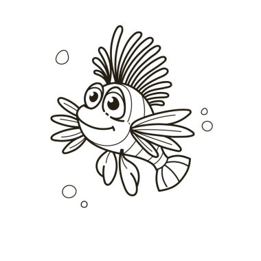 Kabarcıklarla yüzen renkli bir aslan balığı. Çizimde, çocukların tasarımları için mükemmel bir sualtı temasını vurgulayan ayrıntılı yüzgeçleri olan gülümseyen bir balık yer alıyor. Vektör illüstrasyonu