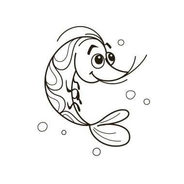 Baloncukların arasında gülümseyen neşeli bir karides karakteri. Bu kaprisli tasarım deniz yaşamının eğlenceli özünü yakalar, çocukların çizimleri ya da beyaz ve siyah renkli kitaplar için mükemmeldir. Vektör illüstrasyonu