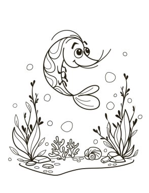 Bitkiler, mercanlar ve kabarcıklarla dolu bir sualtı sahnesinde yüzen neşeli bir karidesin tuhaf bir tasviri. Boyama kitapları ya da çocuk sanat projeleri için mükemmel. Vektör illüstrasyonu