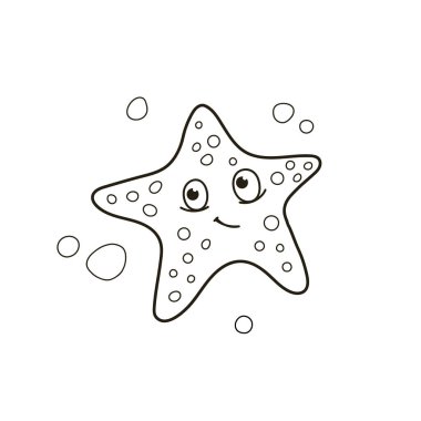 Gülen bir yüzü ve kabarcıklarla çevrili büyük gözleri olan oyuncu çizgi film tarzı bir denizyıldızı. Bu tuhaf tasarım çocukların sanat eserleri ve deniz kenarı temaları için mükemmel. Vektör illüstrasyonu