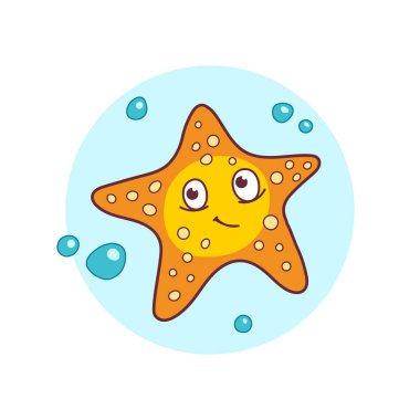 Gülümseyen ve açık mavi arka planda kabarcıklar olan şirin bir denizyıldızı çizgi filmi. Çocuk çizimleri ya da deniz temalı tasarımlar için ideal, neşe ve neşe iletmek için. Vektör illüstrasyonu