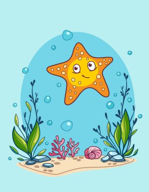 Canlı bir sualtı sahnesinde renkli mercanlar, deniz yosunları ve kabarcıklarla çevrili neşeli bir denizyıldızı. Çocuk çizimleri ya da deniz temalı projeler için mükemmel. Vektör illüstrasyonu