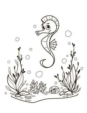 Etrafı çeşitli su bitkileri ve kabarcıklarla çevrili neşeli bir deniz atının büyüleyici bir çizimi. Çocuk sanatı, boyama sayfaları ya da okyanus temalı siyah beyaz boyama kitapları için idealdir. Vektör illüstrasyonu