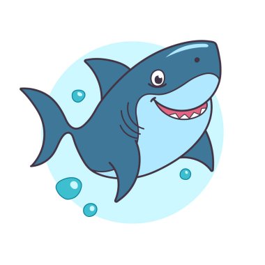Açık mavi bir arka planda köpüklerle yüzen sevimli ve canlı bir karikatür köpekbalığı. Çocuk çizimleri ya da okyanus temalı tasarımlar için mükemmel. Vektör illüstrasyonu