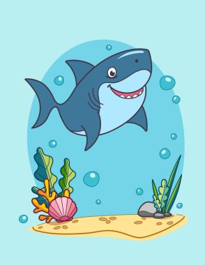 Neşeli bir karikatür köpekbalığı hareketli su altı ortamında canlı su bitkileri ve kabarcıkları arasında yüzer. Çocuk malzemeleri ya da deniz temalı tasarımlar için ideal. Vektör illüstrasyonu