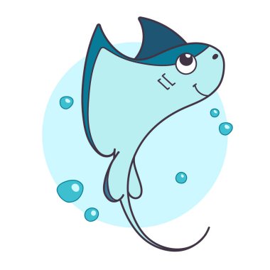 Açık mavi arka planda köpüklerle yüzen sevimli ve canlı bir karikatür. Çocuk çizimleri ya da okyanus temalı tasarımlar için mükemmel. Vektör illüstrasyonu