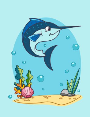 Neşeli bir çizgi film karakteri, canlı su bitkileri ve kabarcıkları arasında yüzer. Animasyon sualtı ortamında. Çocuk malzemeleri ya da deniz temalı tasarımlar için ideal. Vektör illüstrasyonu