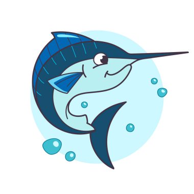 Turuncu ve sarı çizgili şirin ve canlı çizgi film aslan balığı açık mavi arka planda kabarcıklarla yüzüyor. Çocuk çizimleri ya da okyanus temalı tasarımlar için mükemmel. Vektör illüstrasyonu