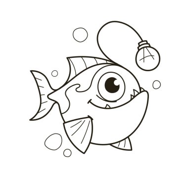 Gülen bir yüzü ve kabarcıklarla çevrili kocaman gözleri olan oyuncu bir fener balığı. Bu tuhaf tasarım, çocuk sanatları ve deniz kenarındaki temalar için mükemmel. Vektör illüstrasyonu