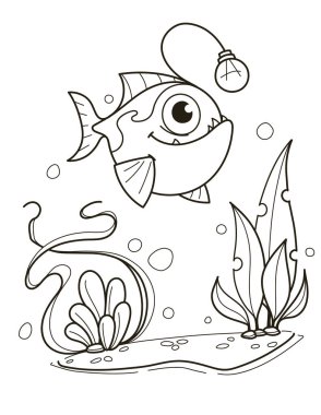 Sualtı sahnesinde çeşitli bitki ve kabarcıklarla yüzen bir fener balığının basit çizgisi. Vektör illüstrasyonu