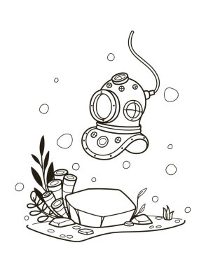 Sualtı sahnesinde batan bir karikatür dalış miğferinin basit çizgisi. Çeşitli bitkiler, mercanlar, kayalar ve baloncuklar. Vektör illüstrasyonu