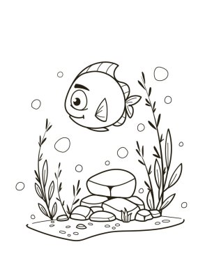 Sualtı sahnesinde çeşitli bitki ve baloncuklarla yüzen bir Japon balığının basit çizgisi. Vektör illüstrasyonu