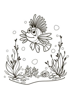 Sualtı sahnesinde çeşitli bitki ve baloncuklarla yüzen bir denizyıldızının basit çizgisi. Vektör illüstrasyonu