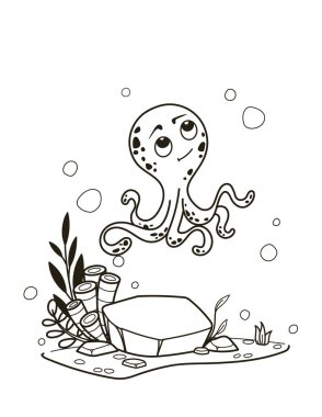 Sualtı sahnesinde çeşitli bitki ve baloncuklarla yüzen bir ahtapotun basit siyah beyaz çizgisi. Vektör illüstrasyonu