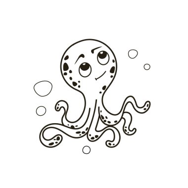 Gülen bir yüzü ve kabarcıklarla çevrili kocaman gözleri olan oyuncu çizgi film tarzı bir ahtapot. Bu tuhaf tasarım, çocuk sanatları ve deniz kenarındaki temalar için mükemmel. Vektör illüstrasyonu