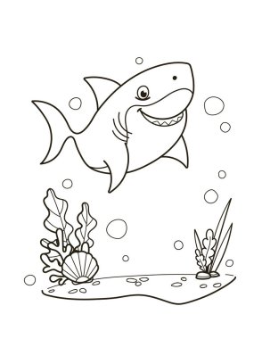 Bir karikatür köpekbalığının çeşitli bitki ve baloncuklarla dolu sualtı sahnesinde yüzüşünün basit bir çizgisi. Vektör illüstrasyonu