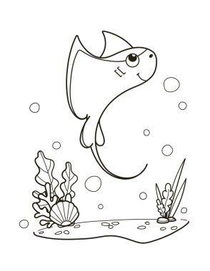 Sualtı sahnesinde çeşitli bitki ve baloncuklarla yüzen bir karikatür karikatürü çizdim. Vektör illüstrasyonu