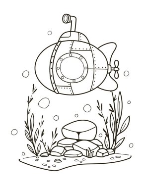 Sualtı sahnesini farklı bitki ve baloncuklarla keşfeden bir denizaltının basit çizgisi. Vektör illüstrasyonu