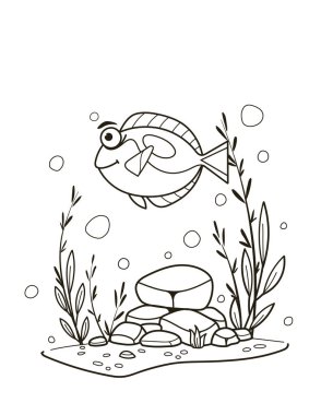Sualtı sahnesinde çeşitli bitki ve baloncuklarla yüzen bir cerrah balığının basit çizgisi. Vektör illüstrasyonu