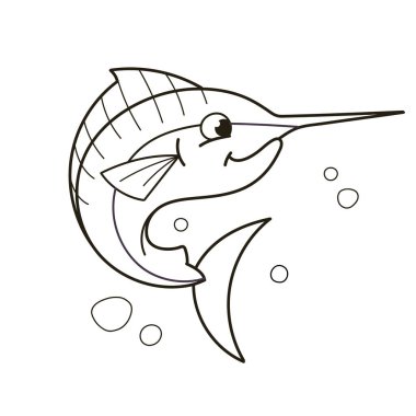 Gülen bir yüzü ve kabarcıklarla çevrili kocaman gözleri olan oyuncu bir kılıç balığı. Bu tuhaf tasarım, çocuk sanatları ve deniz kenarındaki temalar için mükemmel. Vektör illüstrasyonu