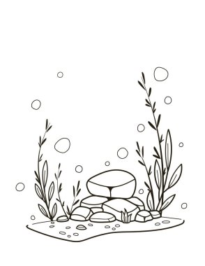 Canlı su bitkileri, kabarcıklar ve kayalarla boyama kitabı sahnesi. Siyah ve beyaz olarak arka plan veya su teması için ideal neşeli ve eğlenceli bir illüstrasyon. Vektör illüstrasyonu
