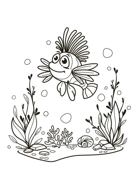 Sualtı sahnesinde çeşitli bitki ve baloncuklarla yüzen bir denizyıldızının basit çizgisi. Vektör illüstrasyonu