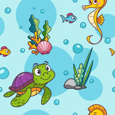 Açık mavi arkaplanda bir kaplumbağa, balık, deniz atı ve mercan içeren eğlenceli, pürüzsüz bir çizgi film. Çocuk dekorasyonları, oyunlar ya da eğitim malzemeleri için mükemmel. Vektör illüstrasyonu