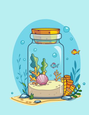 Kayaların ve su bitkilerinin etrafında kapalı bir kavanozda yüzen renkli balıkların yer aldığı eğlenceli bir okyanus çizimi. Canlı bir sualtı sahnesi çocuklar ya da deniz yaşamı temalı projeler için mükemmel. Vektör illüstrasyonu