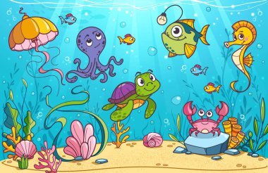 Kaplumbağa, balık, ahtapot, denizanası, yengeç, deniz atı ve mercan içeren eğlenceli bir su altı karikatürü. Çocuk dekorasyonları, oyunlar veya eğitici malzemeler için mükemmel. Vektör illüstrasyonu