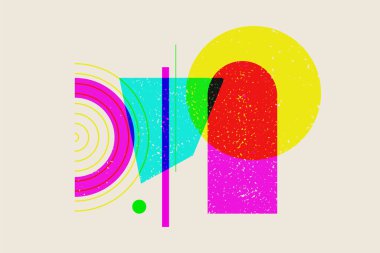 Risograph etkisi geometrik soyut şekiller. Riso desenli vektör Boho ögeleri