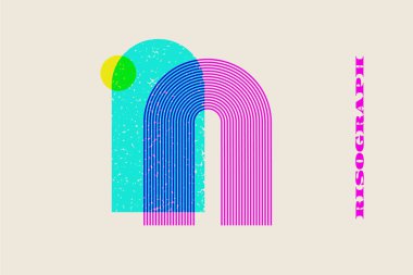 Risograph etkisi geometrik soyut şekiller. Riso desenli vektör Boho ögeleri