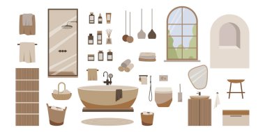 Modern banyo vektörü düz yalıtılmış elementler. İskandinav tarzında şık bir ev dekoru. Boho etnik apartmanı, terracotta, pastel beyaz ve bej renkli. Hygge yaşam tarzı tasarımı.