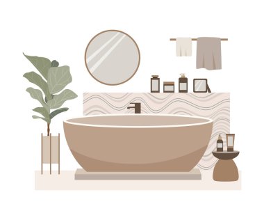 Modern banyo vektör düz kompozisyonu. İskandinav tarzında şık bir ev dekoru. Boho etnik apartmanı, terracotta, pastel beyaz ve bej renkli. Hygge yaşam tarzı tasarımı.