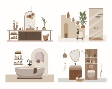 Modern banyo vektör düz kompozisyonu. İskandinav tarzında şık bir ev dekoru. Boho etnik apartmanı, terracotta, pastel beyaz ve bej renkli. Hygge yaşam tarzı tasarımı.