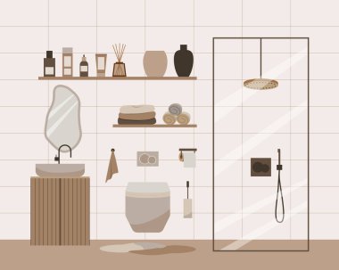 Modern banyo vektör düz kompozisyonu. İskandinav tarzında şık bir ev dekoru. Boho etnik apartmanı, terracotta, pastel beyaz ve bej renkli. Hygge yaşam tarzı tasarımı.