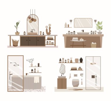 Modern banyo vektör düz kompozisyonu. İskandinav tarzında şık bir ev dekoru. Boho etnik apartmanı, terracotta, pastel beyaz ve bej renkli. Hygge yaşam tarzı tasarımı.