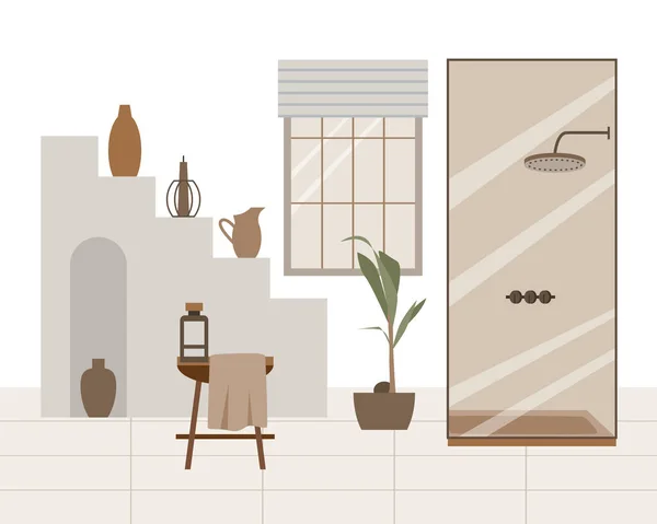 现代阁楼浴室矢量平面构图 风格华丽的家居装饰风格的丑闻 布荷族公寓在兵马俑 乳白色和米黄色 Hygge生活方式设计 — 图库矢量图片