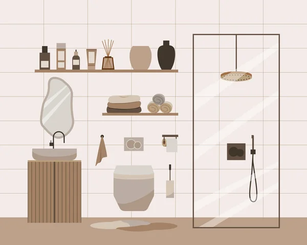 现代阁楼浴室矢量平面构图 风格华丽的家居装饰风格的丑闻 布荷族公寓在兵马俑 乳白色和米黄色 Hygge生活方式设计 — 图库矢量图片