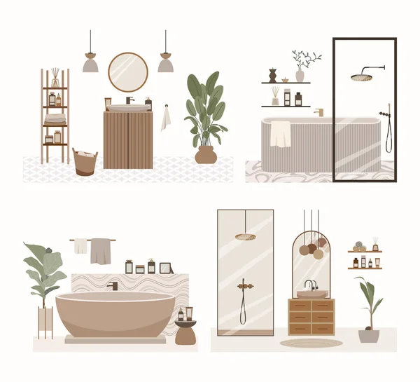 stock vector Modern loft bathroom vector flat composition. Stylish home decor in scandinavian style. Boho ethnic apartment in terracotta, pastel white and beige colors. Hygge lifestyle design.