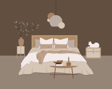 Modern yatak odası vektörü düz yalıtılmış elementler. İskandinav tarzında şık bir ev dekoru. Boho etnik apartmanı, terracotta, pastel beyaz ve bej renkli. Hygge yaşam tarzı tasarımı.