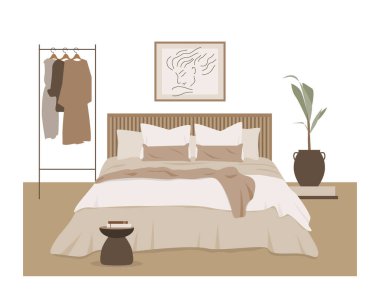 Modern yatak odası vektörü düz yalıtılmış elementler. İskandinav tarzında şık bir ev dekoru. Boho etnik apartmanı, terracotta, pastel beyaz ve bej renkli. Hygge yaşam tarzı tasarımı.