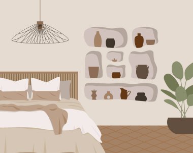 Modern yatak odası vektörü düz yalıtılmış elementler. İskandinav tarzında şık bir ev dekoru. Boho etnik apartmanı, terracotta, pastel beyaz ve bej renkli. Hygge yaşam tarzı tasarımı.