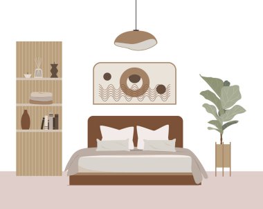 Modern yatak odası vektörü düz yalıtılmış elementler. İskandinav tarzında şık bir ev dekoru. Boho etnik apartmanı, terracotta, pastel beyaz ve bej renkli. Hygge yaşam tarzı tasarımı.