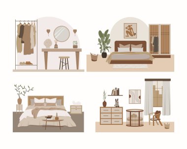 Modern yatak odası vektörü düz yalıtılmış elementler. İskandinav tarzında şık bir ev dekoru. Boho etnik apartmanı, terracotta, pastel beyaz ve bej renkli. Hygge yaşam tarzı tasarımı.