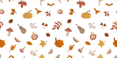 Sonbahar karalama vektörü kusursuz desen. Samimi sonbahar el yapımı vintage hygge tarzında izole elementler. Minimalist soyut şekiller: balkabağı, yapraklar, kazak, kahve demliği, mantar, elma, kedi.