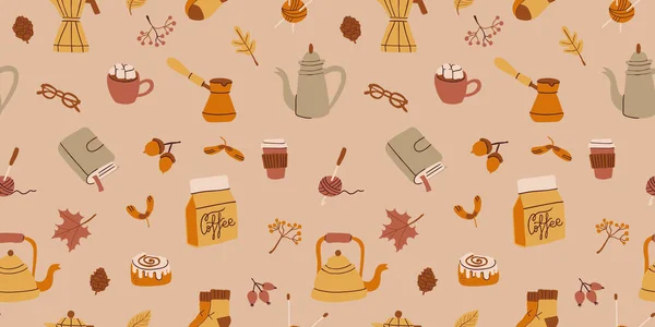 秋天的涂鸦向量无缝图案 舒适的秋天手绘古董派风格的隔离元素 简约的抽象形状 咖啡壶 — 图库矢量图片