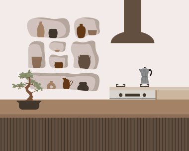 Modern tavan arası vektör düz bileşimi. İskandinav tarzında şık bir ev dekoru. Boho etnik apartmanı, terracotta, pastel beyaz ve bej renkli. Hygge yaşam tarzı tasarımı.