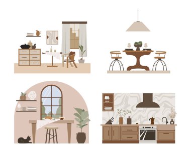 Modern tavan arası vektör düz bileşimi. İskandinav tarzında şık bir ev dekoru. Boho etnik apartmanı, terracotta, pastel beyaz ve bej renkli. Hygge yaşam tarzı tasarımı.